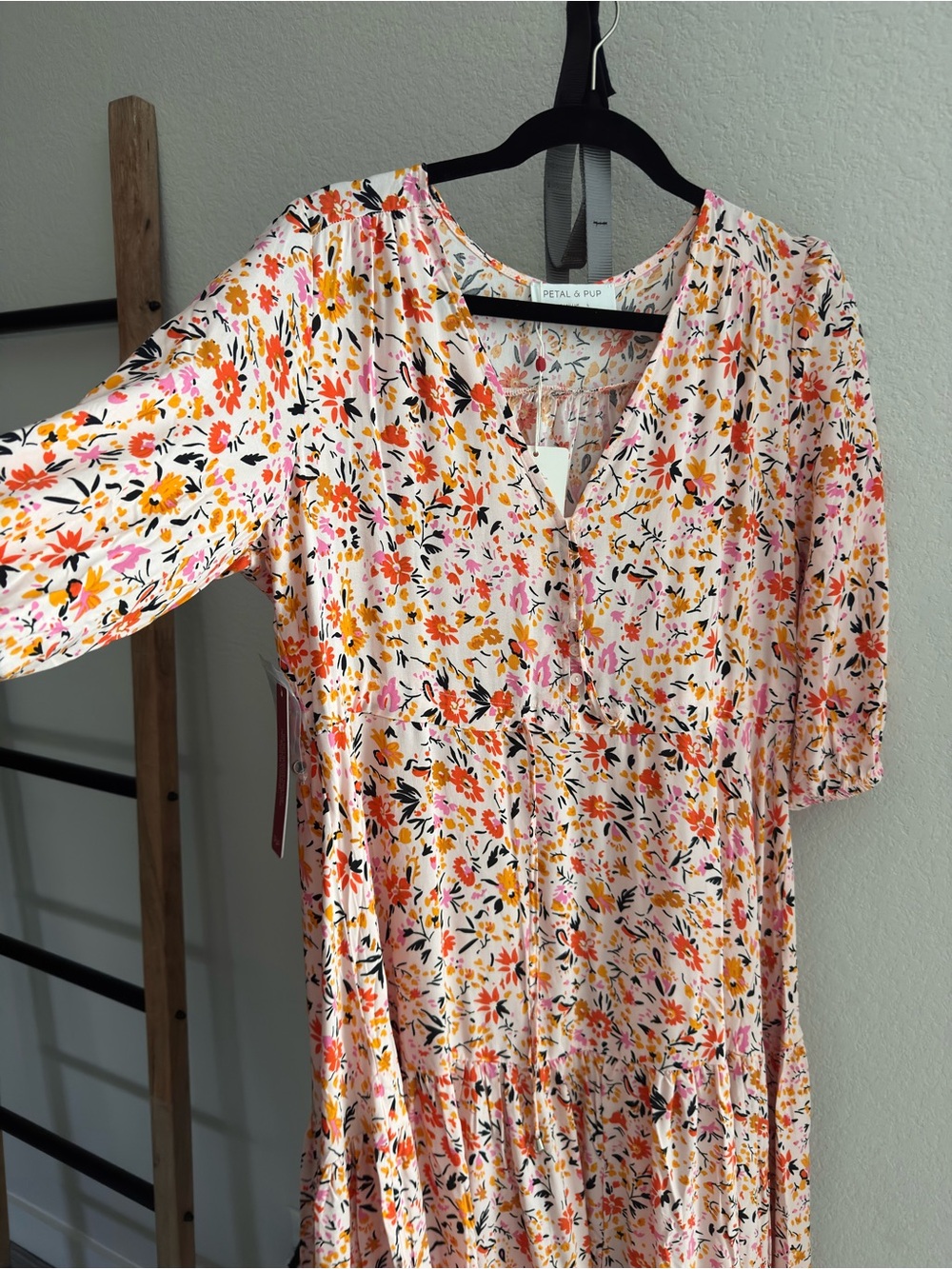 Petal & Pup White Floral Midi Dress with Pink & Orange Bouquet